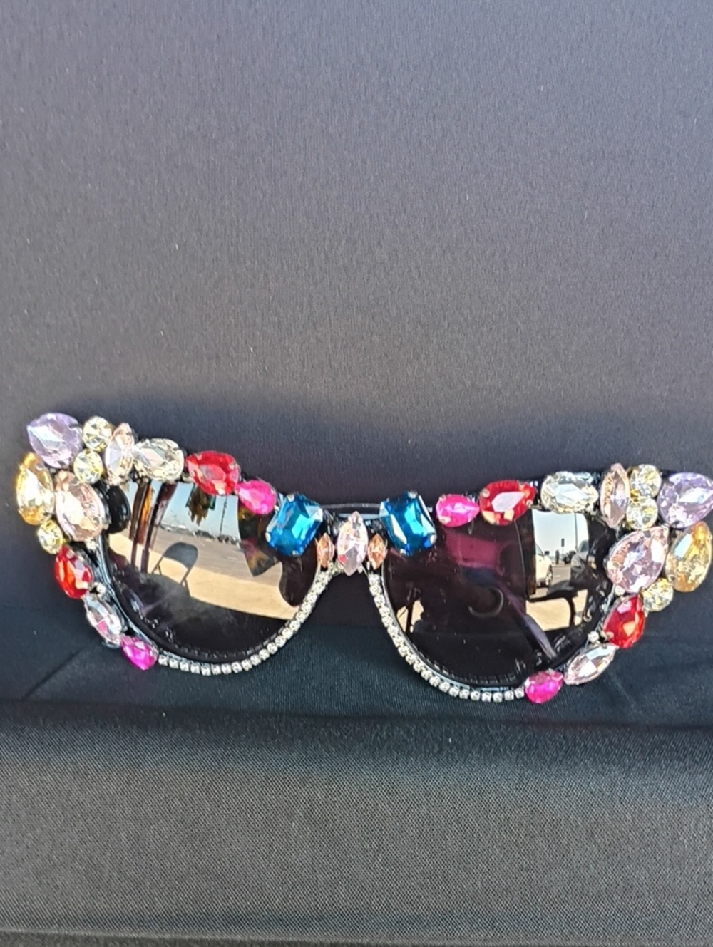 Multicolor Crystal Embellished Cat-Eye Sunglasses - Black Lenses